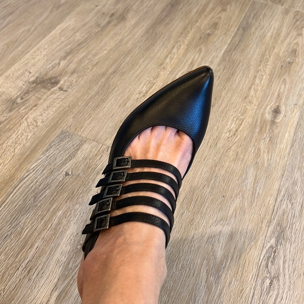 John Fluevog black 5 strap heels. Size 9